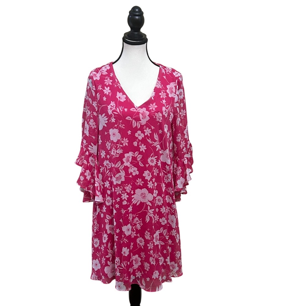 Calvin Klein Pink Floral Ruffle Sleeve V Neck Dress Size 10